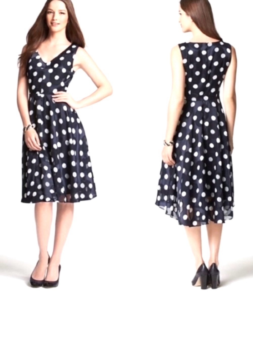 ❗️Ann Taylor Navy and White Polka Dot Sleeveless Midi Dress NWT $158!
